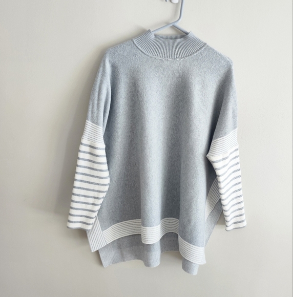 Zenana Outfitters Sweaters - Zenana Gray and White Striped  poncho Sweater